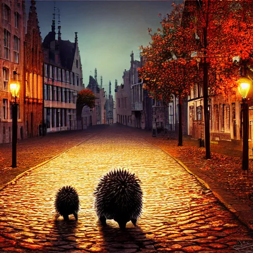 Image similar to 2 hedgehogs walking across the street in Bruges, Belgium, in the style of Greg Rutkowski, autumn, evening, romantic