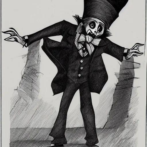 Image similar to a Pop Wonder scary horror themed goofy-hilarious-character Mad-Hatter-wearing a scarf, 3-piece-suit, dime-store-comic drawn with charcoal and pen and ink, half-tone-line-stacking