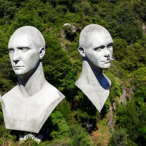 Prompt: gigantic concrete human head busts, integrated in the mountains, surrounded by vegetation, perspective shot from the sky, realistic, by origiful, 4 k