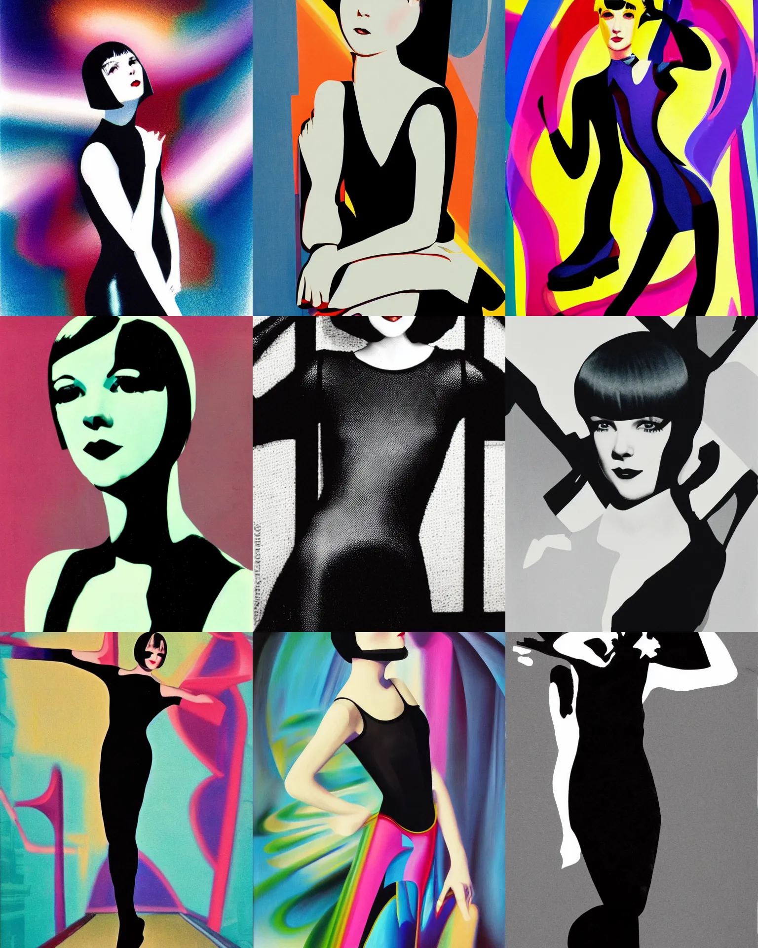 Image similar to full length portrait of 2 0 year old mary louise brooks roller skating, shiny bob haircut, dramatic light, abstract art deco city background, screen print, high contrast, sharp,, painted by ross tran 1 9 2 0 s