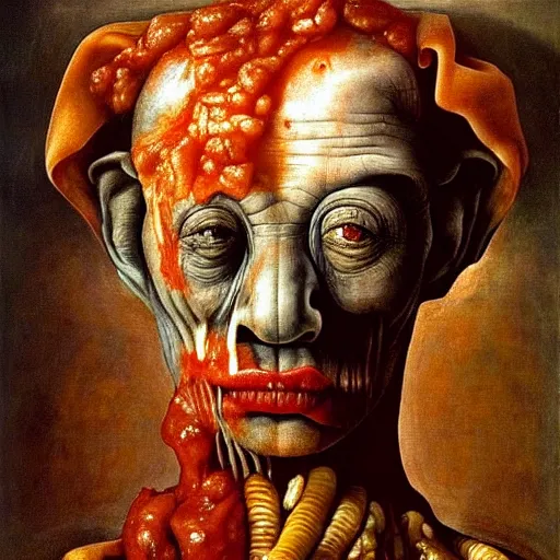 Prompt: a boy like eraserhead and elephant man sitting in a tub full of tomato sauce, looking straight into camera, screaming in desperation, by giuseppe arcimboldo and ambrosius benson, renaissance, fruit, intricate and intense oil paint, a touch of beksinski and hr giger, realistic