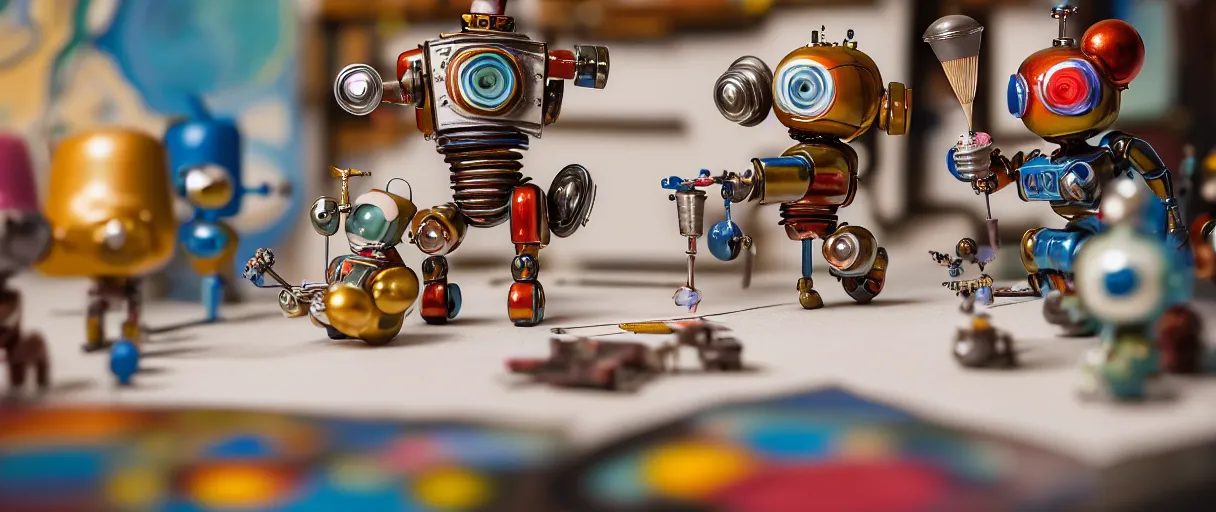 Image similar to closeup portrait of tin toy retro robots painters mixing gouache on white paper table in an artist workshop, depth of field, zeiss lens, detailed, centered, fashion photoshoot, by nicoletta ceccoli, mark ryden, lostfish, breathtaking, 8 k resolution, extremely detailed, beautiful, establishing shot, artistic, hyperrealistic, octane render