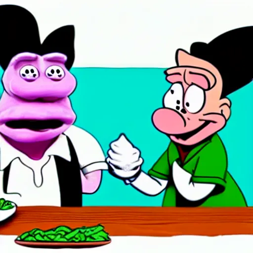 Image similar to rick sanchez and porky pig eating a brisket, cartoon, cell animation, highly detailed