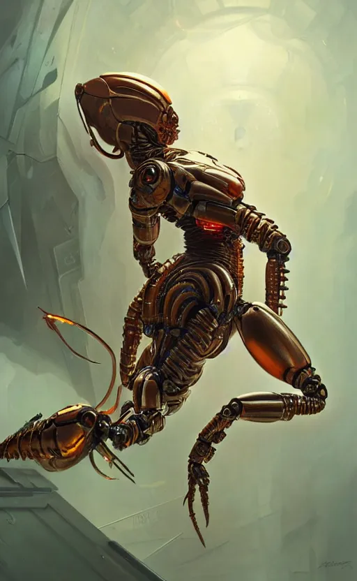 Image similar to Cyborg biomechanical scorpion female, sci-fi, highly detailed, digital painting, artstation, concept art, smooth, sharp focus, illustration, art by artgerm and greg rutkowski and alphonse mucha