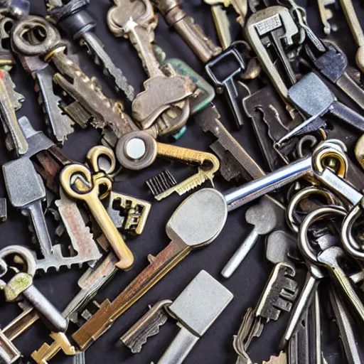 Image similar to heap of many keys of different sizes and styles, unsorted product photo
