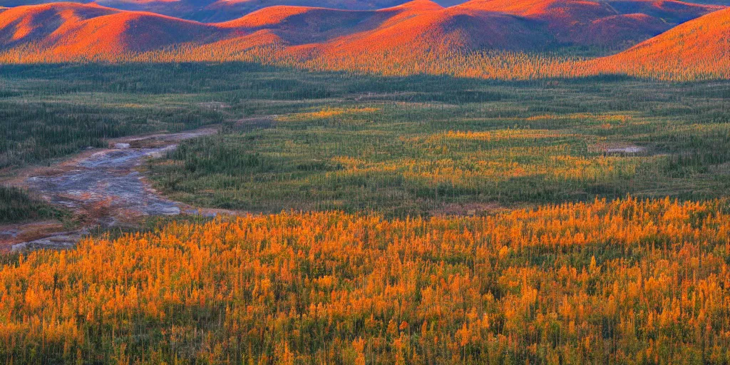 Prompt: yukon valley landscape in golden hour with red bearberry plants, high detail, high definition, 8k,