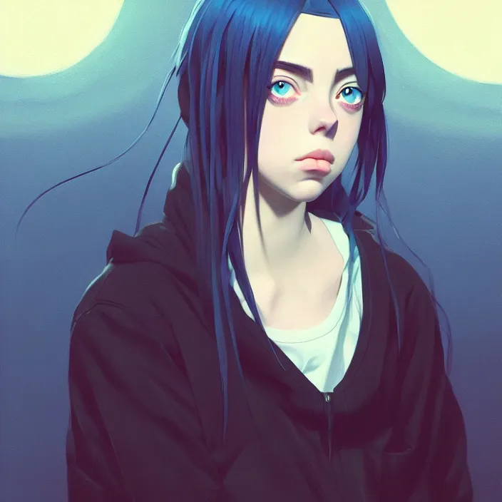 Image similar to a potrait of billie eilish as an anime, fine details, night setting, realistic shaded lighting poster by ilya kuvshinov katsuhiro, artgerm, jeremy lipkin and michael garmash, unreal engine 5, radiant light, detailed and intricate environment