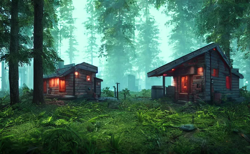 Prompt: photorealistic cyberpunk cabin in a lush forest. daylight. light fixtures. 8K. detailed. photorealism. artstation. 25mm f/1.7 ASPH Lens. ultra realistic