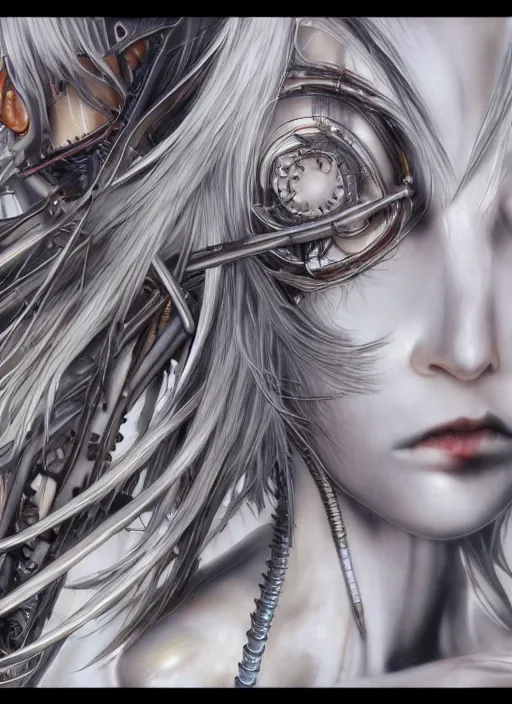 Image similar to Rei Ayanami by Yoshitaka Amano, by HR Giger, biomechanical, profile portrait, 4k, wide ayes, hyper detailed, hyperrealism, anime