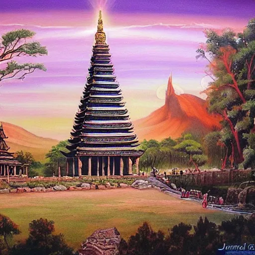 Prompt: a beautiful painting of a monument thathowe, a sacred site, pagoda, lightbeams, royal jewels, majestic medieval art by james gurney, no copyright name, aztec jad