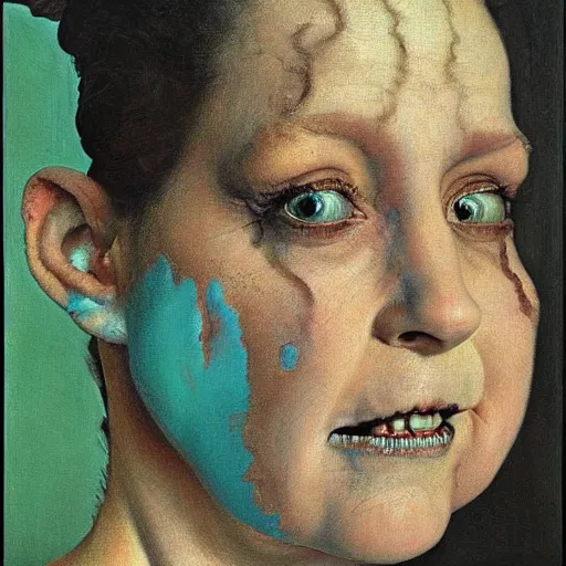 Prompt: Frontal portrait of a demon. The texture of her skin is a mixture of cyan flesh and boney marble. A painting by Norman Rockwell.