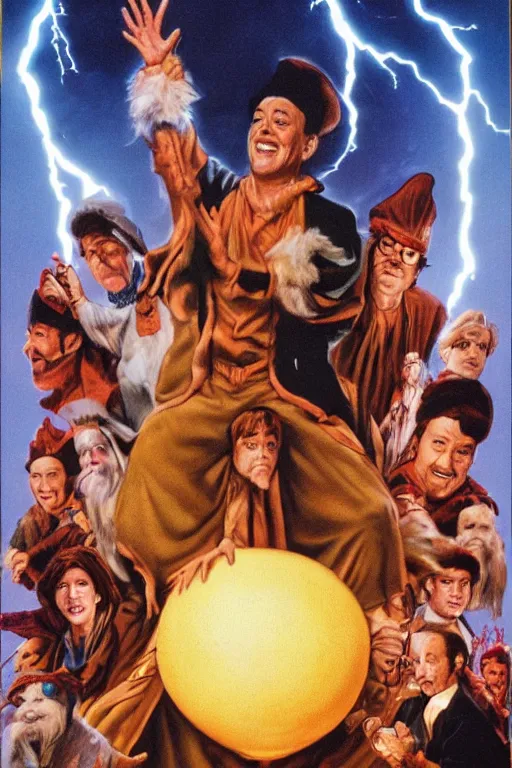 Prompt: movie poster hanksgiving, tom hanks, turkey, a wizard, lightning, 1 9 8 2, drew struzan inspiration