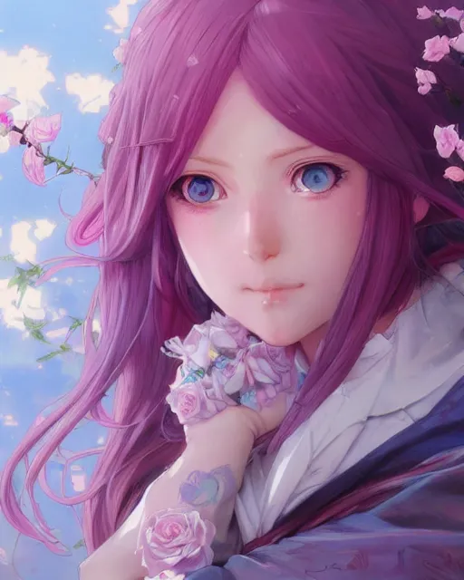 Prompt: blue eyed pink haired anime girl, roses everywhere, highly detailed, digital painting, artstation, concept art, smooth, sharp focus, illustration, art by artgerm and greg rutkowski and alphonse mucha