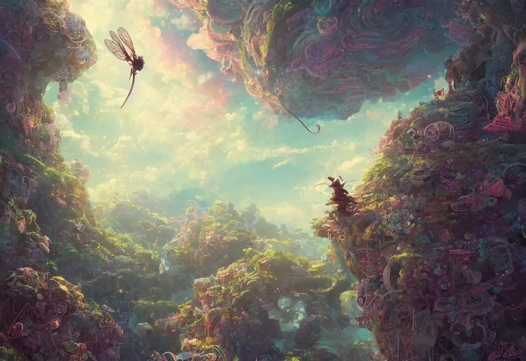 Prompt: the beautiful hyper detailed scene render lonely single beautiful huge rat confronts huge iridescent dragonfly alone in fairyland surrounded by white clouds, in the style of makoto shinkai victo ngai and peter mohrbacher studio ghibli artgerm karol bak beeple, cinematic, beautiful face, psychedelic, animation style, 8 k hd, ultra wide angle