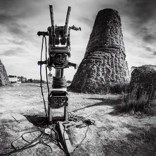 Prompt: wide angle photo of viking wearing space suit helmet and viking armor working on the antigravity gun ancient device, tools and junk on the ground,wires and lights, old village in the distance, vintage old photo, black and white, sepia