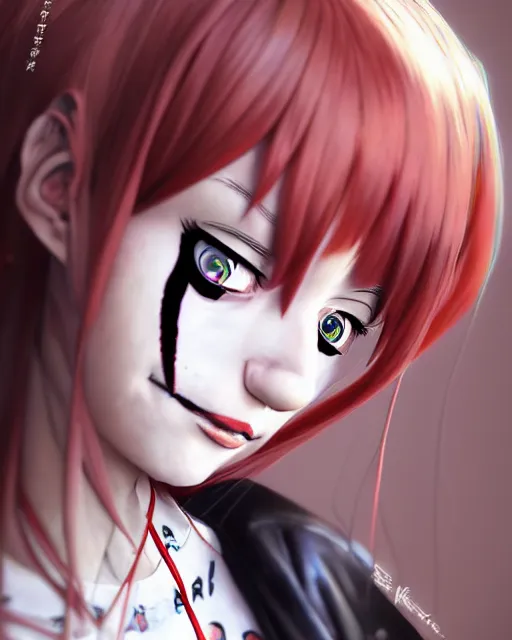 Image similar to portrait Anime as modern harley-quinn character girl cute-fine-face, brown-red-hair pretty face, realistic shaded Perfect face, fine details. Anime. hair-pigtails, clown black-red outfit realistic shaded lighting by Ilya Kuvshinov katsuhiro otomo ghost-in-the-shell, magali villeneuve, artgerm, rutkowski, WLOP Jeremy Lipkin and Giuseppe Dangelico Pino and Michael Garmash and Rob Rey