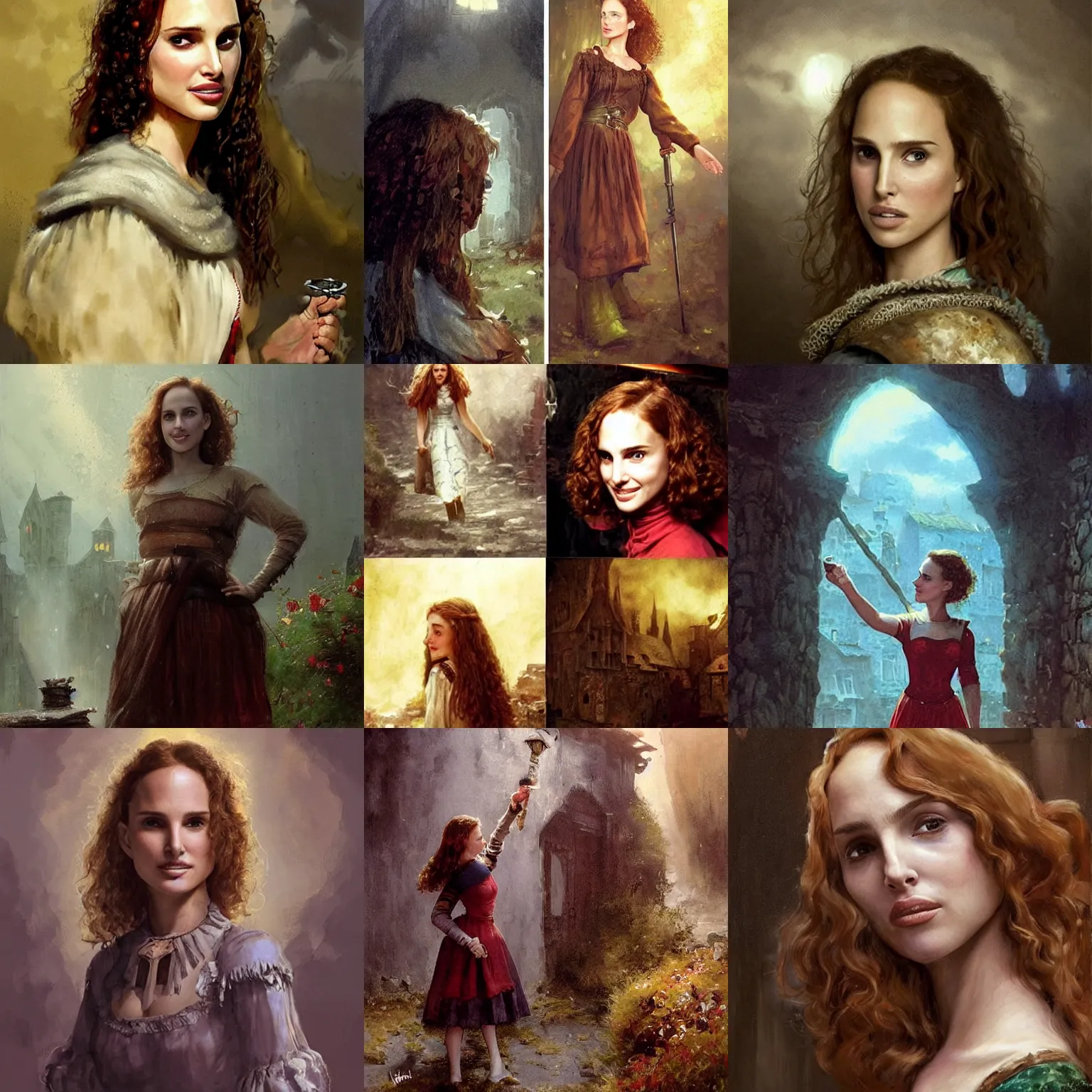 Prompt: young, freckled, curly haired, redhead natalie portman as a optimistic!, cheerful!!!, giddy medieval innkeeper in a dark medieval inn. dark shadows, colorful, ( ( ( dim light ) ) ), law contrasts, fantasy concept art by jakub rozalski, jan matejko, and j. dickenson