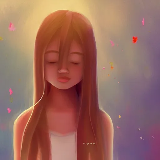 Image similar to a thin, pretty young Filipino woman with long hair floats in a dreamy world, very beautiful, inspiring, abstract digital art, trending on artstation