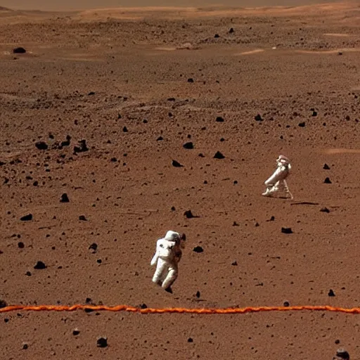 Prompt: an astronaut watching a bunch of aliens play soccer on mars from sidelines