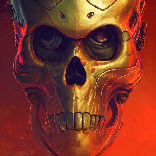 Prompt: a golden skull face monkey warrior with a ruby in his forehead, Apex Legends character, digital illustration portrait design, by android jones and greg rutkowski, retrowave color scheme, detailed, cinematic lighting, wide angle action dynamic portrait