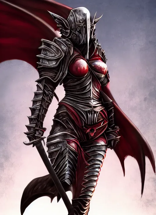 Image similar to female vampire warrior, full body portrait, sharp teeth, grinning, muscular, flying, barefoot, no shoes, exposed feet, black full plate armor, historical armor, realistic armor, covered chest, metal mask, giant two - handed sword dripping blood, realistic, dungeons and dragons.