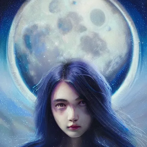 Prompt: 3 d, sci - fi, high detail illustration, night, moon, smiling fashion model face, moon rays, cinematic, clouds, vogue cover style, blue mood, realistic painting, intricate oil painting, figurative art, multiple exposure, poster art, 3 d, by tooth wu and wlop and beeple and greg rutkowski