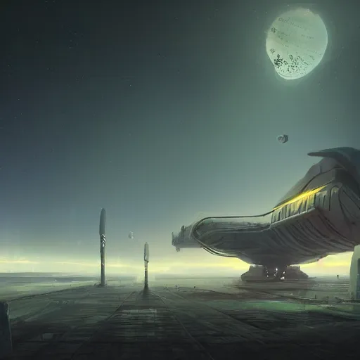 Image similar to a digital painting of a gigantic big enormous spaceship in the sky, concept art by simon stalenhag and peter mohrbacher cgsociety, vanitas, ominous, speedpainting, apocalypse art. low angle shot. unreal engine. hyper - realistic. photo realistic. octane render. detailed masterpiece. extreme wide shot.