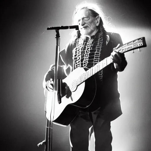 Image similar to willie nelson on stage, four fingers holding guitar. god rays through fog. black and white photo