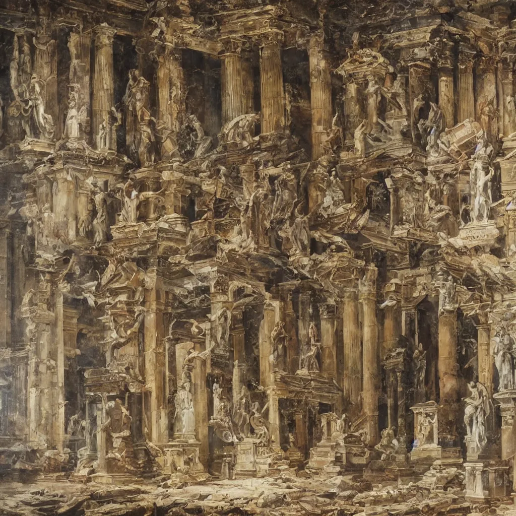 Image similar to oil painting extremely detailed of a destroyed panteon with 7 statues of extint forgotten gods