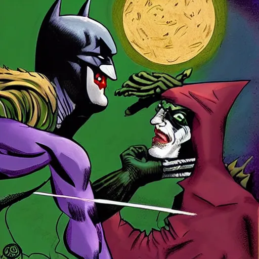 Image similar to batman fighting the joker in a garden by night in the style of justin mortimer