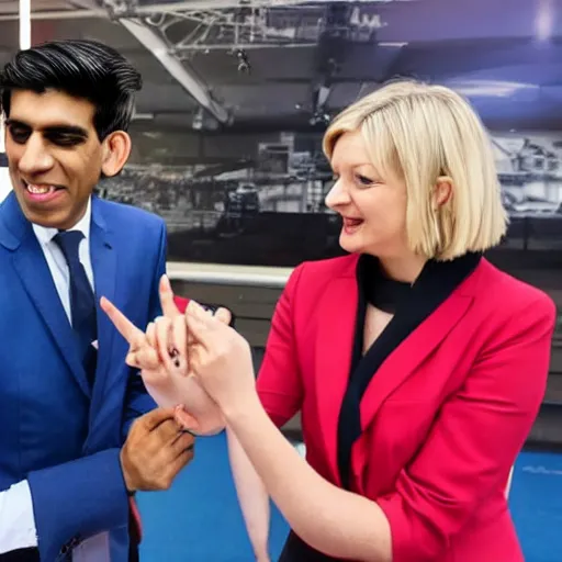 Image similar to rishi sunak and liz truss playing rock paper scissors ,