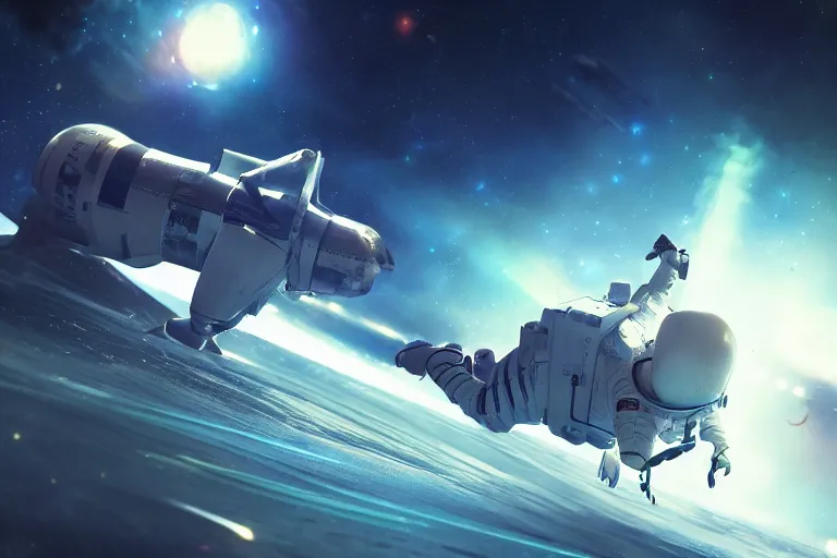 Image similar to astronaut chasing a spaceship Anime, wide angle, fine details, cinematic. galaxy starscape. realistic shaded lighting by Ilya Kuvshinov Giuseppe Dangelico Pino and Michael Garmash and Rob Rey greg rutkowski, octane render, IAMAG premiere, aaaa achievement collection, elegant freckles, cinematic hologram, fabulous, daily deviation, annual award winner