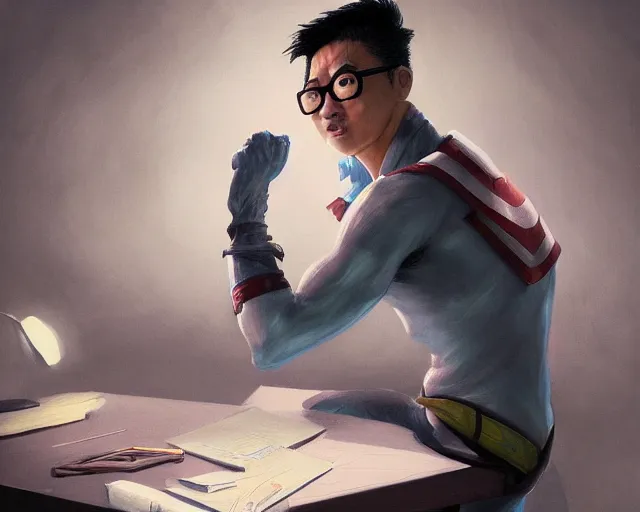 Image similar to an insanely detailed painting of a nerdy asian man wearing a superhero costume, sitting at a desk, staring at the nervously at the computer and typing, in the style of peter mohrbacher, dramatic lighting and composition, octane render, pixar, trending on artstation, concept art, comic book, view from behind