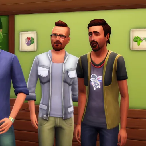 Prompt: sims 4 screenshot of walter white and jesse pinkman