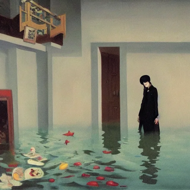 Image similar to tall emo artist in her flooded apartment, painting of flood waters inside an artist's home, a river flooding indoors, pomegranates, pigs, ikebana, zen, water, octopus, river, rapids, waterfall, black swans, canoe, berries, acrylic on canvas, surrealist, by magritte and monet