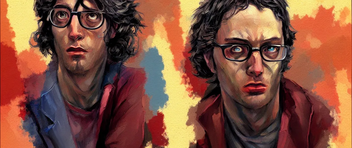 Image similar to colored oil painting character study of outsider introvert jewish geek | vivid colors : storyboard, dramatic and emotional, concept design, realistic. by gabriel hardman, joe alves, j. todd anderson, chris bonura. cinematic atmosphere, detailed and intricate, perfect anatomy