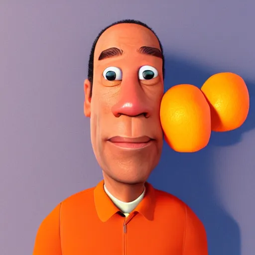 Image similar to oj simpson with orange l!!!! head, pixar character, stage background, pixar, 3 d,