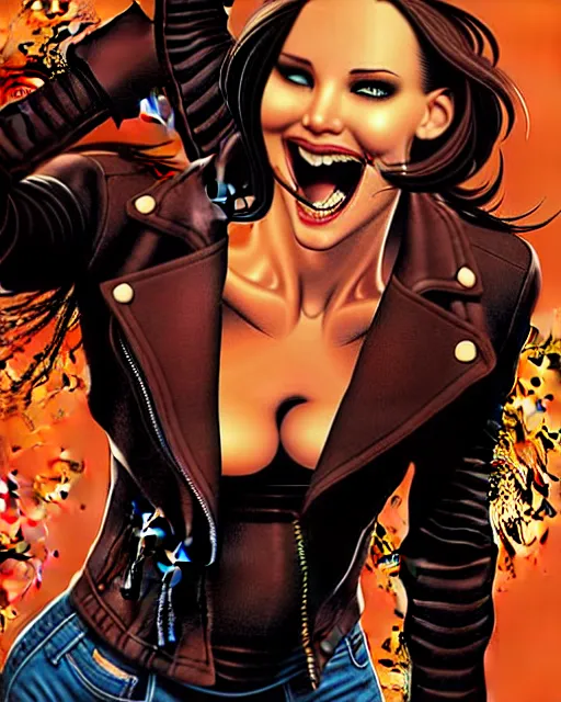 Image similar to Rafael Albuquerque comic cover art, Jennifer Lawrence with sharp vampire teeth, sarcastic smile, brown leather jacket, jeans, extra long hair, full body, building on fire, cool colors, detailed, 4k