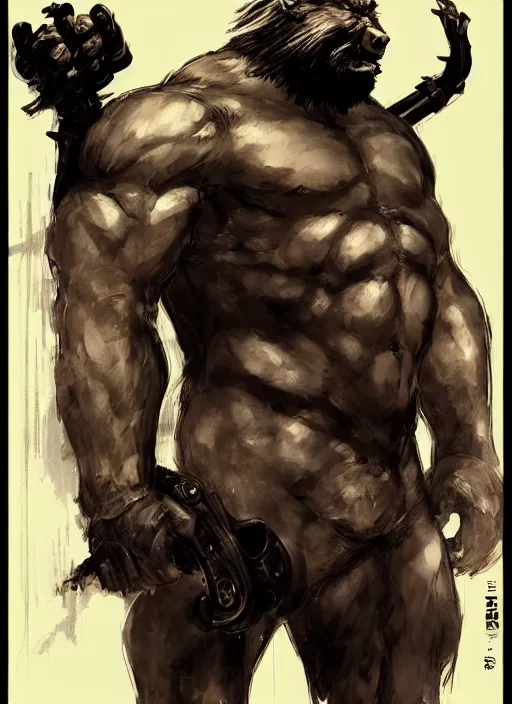 Image similar to Full body portrait of an old muscular man with blonde hair and beard wearing bear skin. In style of Yoji Shinkawa and Hyung-tae Kim, trending on ArtStation, dark fantasy, great composition, concept art, highly detailed.