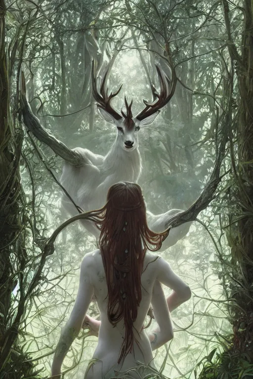 Prompt: White Stag in the distance, lush green deep forest, cold light, art nouveau, 4K, character concept art, oil painting, trending in artstation, cgsociety, by nekro, Alphonse Mucha, Artgerm, WLOP, Greg Rutkowski