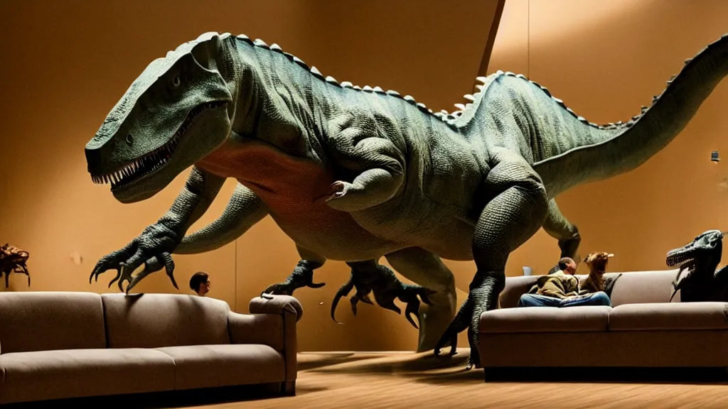 Prompt: a dinosaur lying on a couch at a museum, film still from the movie directed by Denis Villeneuve with art direction by Salvador Dalí, wide lens