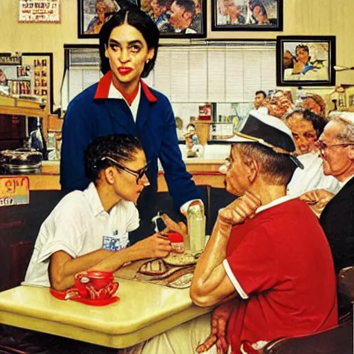 Image similar to Alexandria Ocasio-Cortez in a diner, by Norman Rockwell