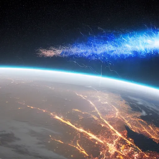 Prompt: a meteor crashing into earth leaving a burning trail behind it, popular science photo, highly detailed 8 k image