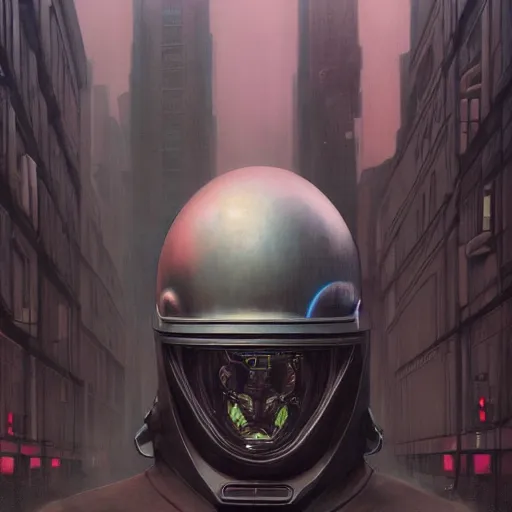 Image similar to dreary realism portrait of masked cyber punk helmet on the art deco streets of the big city, artstation, award - winning realistic sci - fi concept art by jim burns and greg rutkowski, beksinski, a realism masterpiece, muted color palette, james gilleard, bruegel, alphonse mucha, and yoshitaka amano