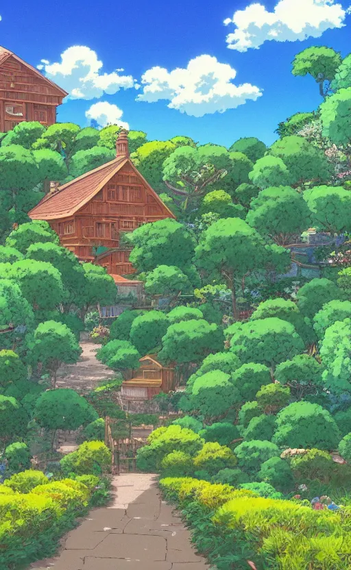 Image similar to anime screenshot wide-shot landscape with house in the apple garden, beautiful ambiance, golden hour, studio ghibli style, by hayao miyazaki, sharp focus, highly detailed,