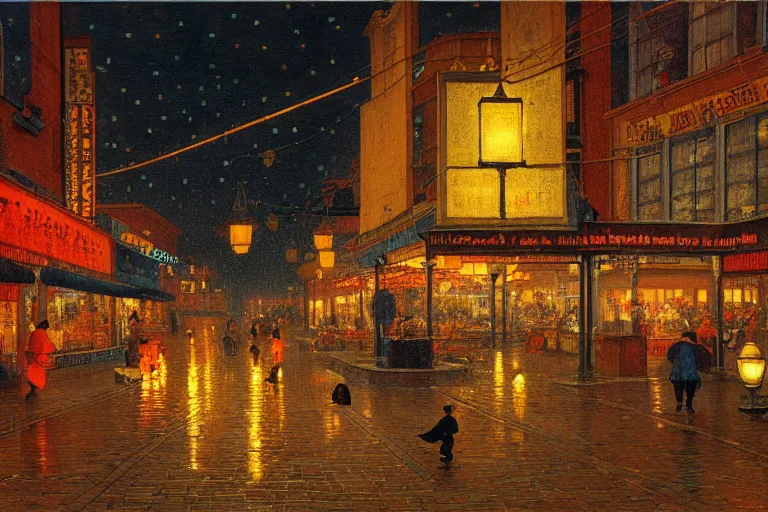 Prompt: painting of the streets of hackensack, at night, lanterns, neon, raining, romantic, by ludwig deutsch and maxfield parrish, patterned tilework, extremely detailed, cinematic lighting, smooth sharp focus