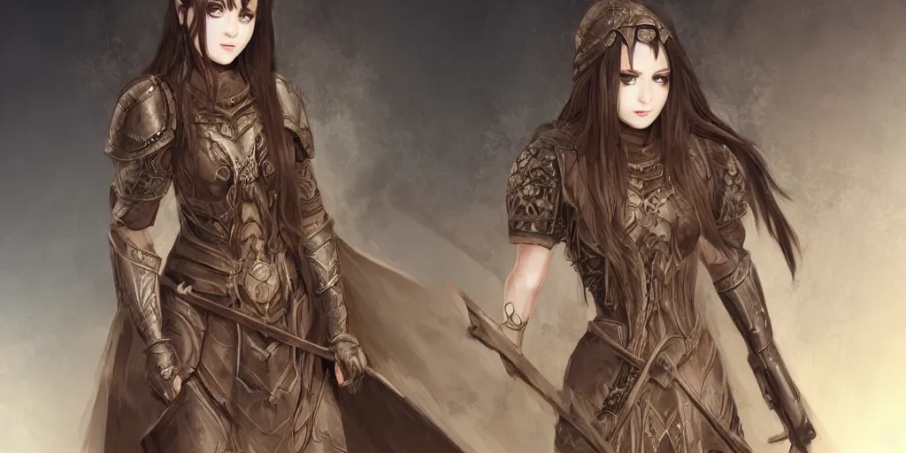 Prompt: 2 5 years old women : : dark straight hair : : brown medieval cloting, light armor, natural materials : : high detail, digital art, illustration, realistic, rpg, fantasy