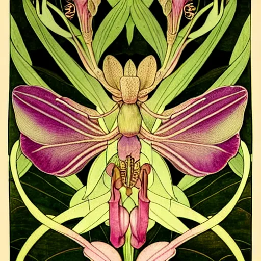 Image similar to potrait of an orchid mantis by William Morris, horizontal symmetry, exquisite fine details, Art Nouveau botanicals, deep rich moody colors