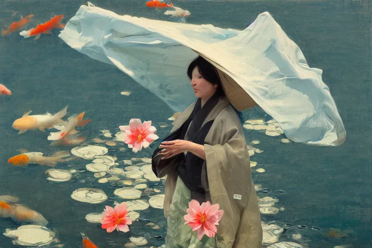 Image similar to wind, koi, kimono fabric blowing in the wind, sunlight, no person, jeremy lipking, joseph todorovitch