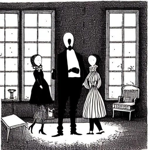 Prompt: Edward Gorey illustration of a victorian living room with costumed people dancing